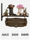 Cowboy Cowgirl Couple - Personalized Western Outfit Wooden Wall Mount Sign