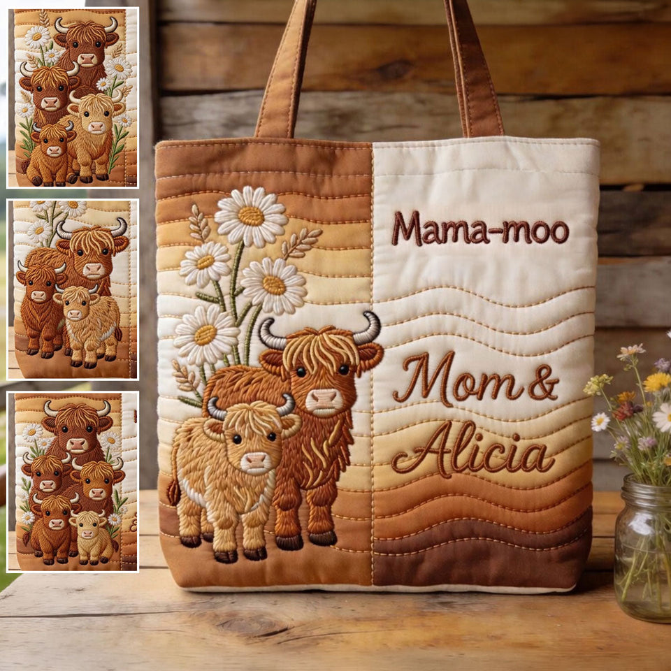 Mama-moo - Personalized Highland Cow Quilted Tote Bag