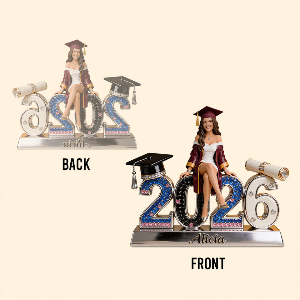 Personalized Class of 2026 Graduation Figurine Statue - Custom Black Male Graduate Nameplate Keepsake - Luxury Rhinestone Desk Ornament Gift