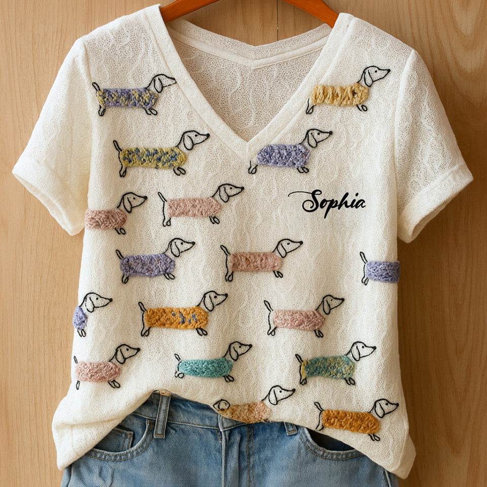 Lovely Dachshunds - Personalized Dachshund Fully Printed V-Neck T-Shirt