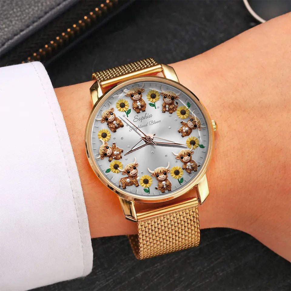 Sunflower & Cow - Personalized Highland Cow Women Hand Watch