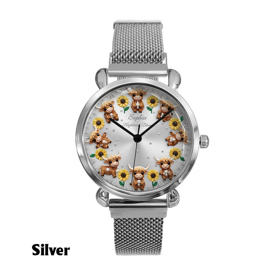 Sunflower & Cow - Personalized Highland Cow Women Hand Watch