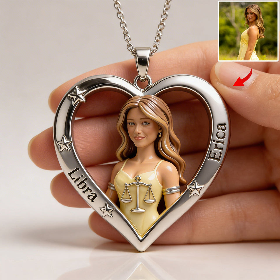 Any Photo Zodiac Sign - Personalized Horoscope Shaped Metal Pendant Necklace