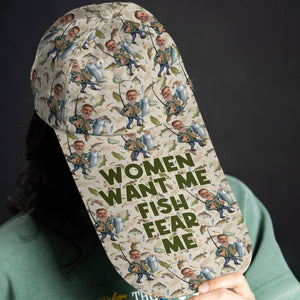 Women Want Me Fish Fear Me Funny Caricature - Personalized Fishing Extra Long Bill Hat