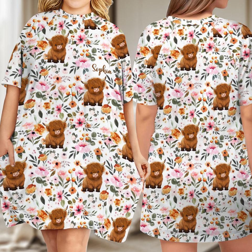 Floral Highland Cow - Personalized Highland Cow Sleep T-shirt Dress