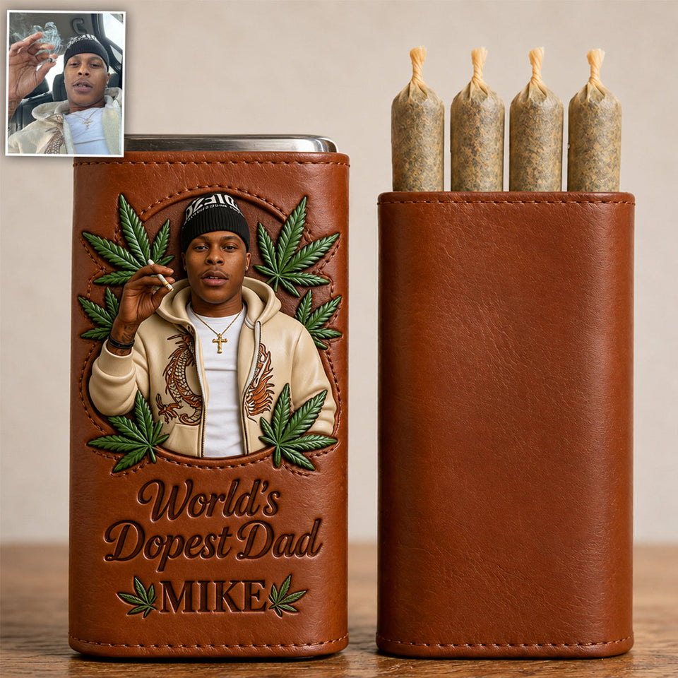 Cannabis Enthusiast, World's Dopest Dad - Personalized Weed Leather Pre-roll Humidor Case