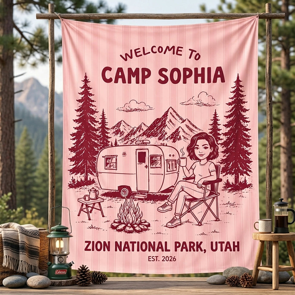 Welcome To Our Campsite - Personalized Camping Wall Tapestry