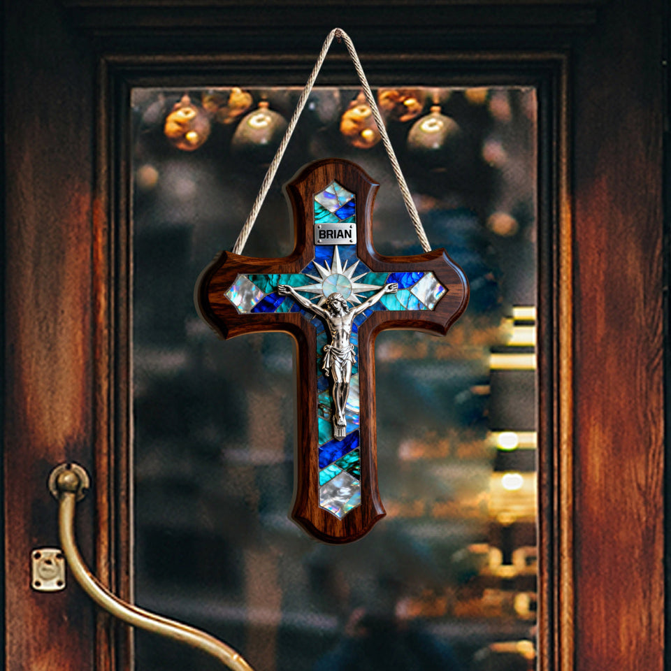 Mother Of Pearl Styled Cross - Personalized Christian Custom Shaped Wood Sign