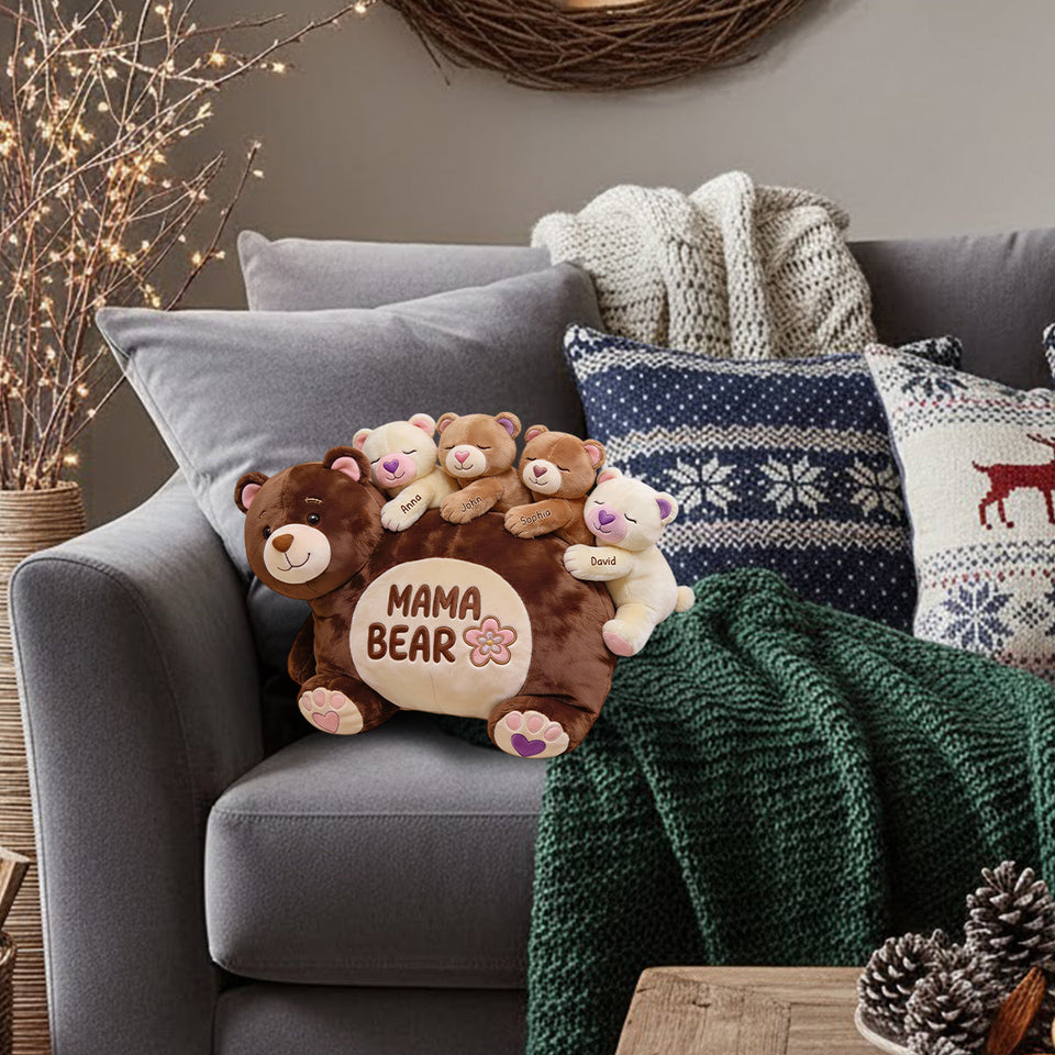 Mama Bear Gift For Mom Grandma - Personalized Mother Faux Fur Shaped Pillow