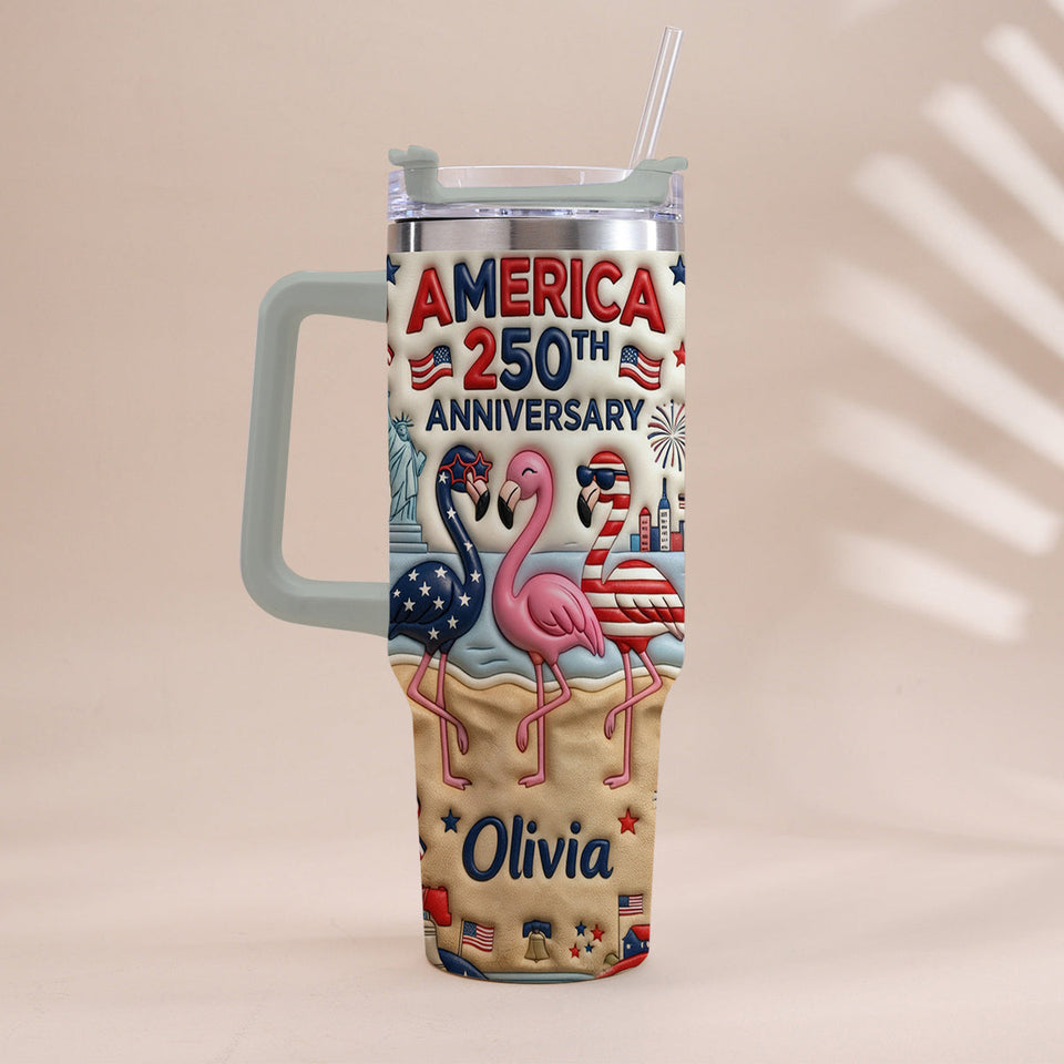 Patriotic Flamingo - Personalized Flamingo Tumbler With Handle