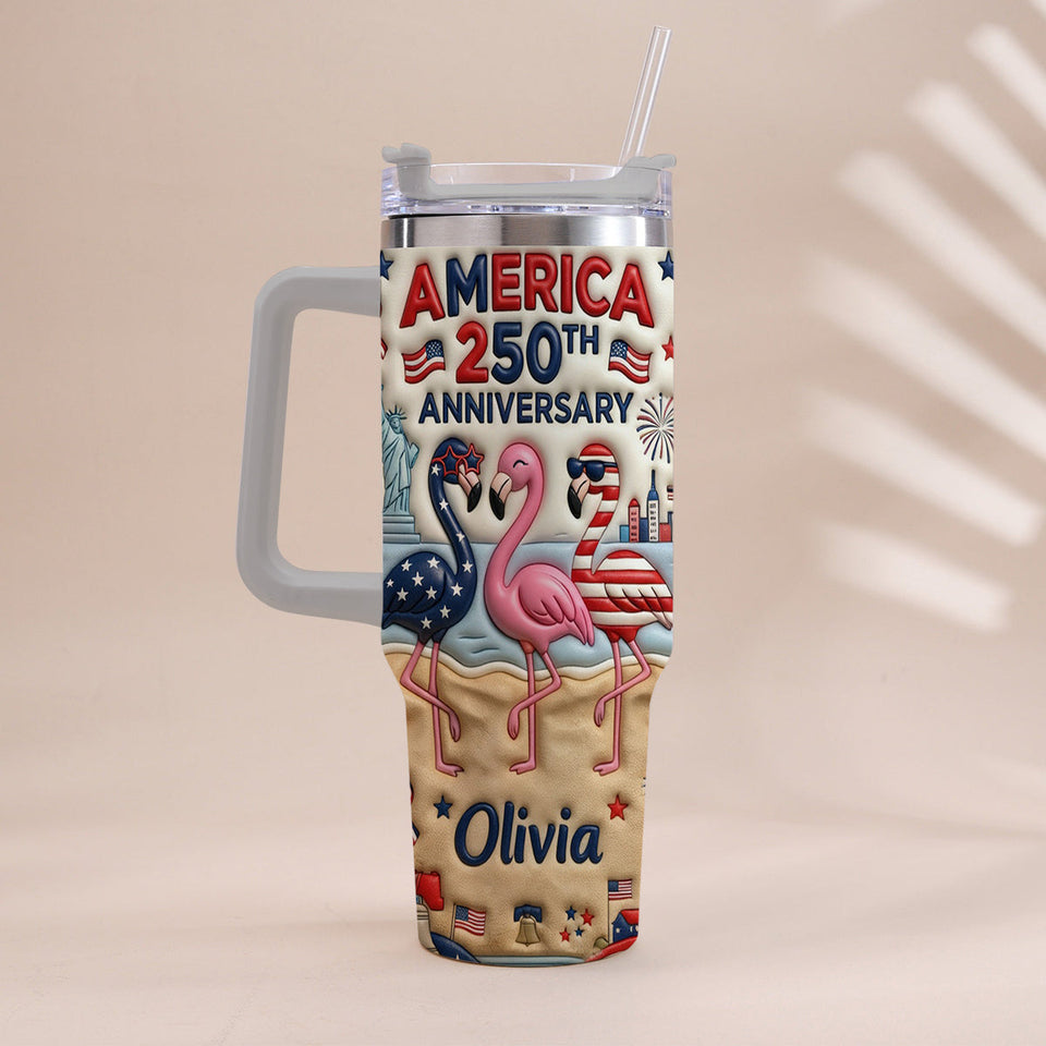 Patriotic Flamingo - Personalized Flamingo Tumbler With Handle