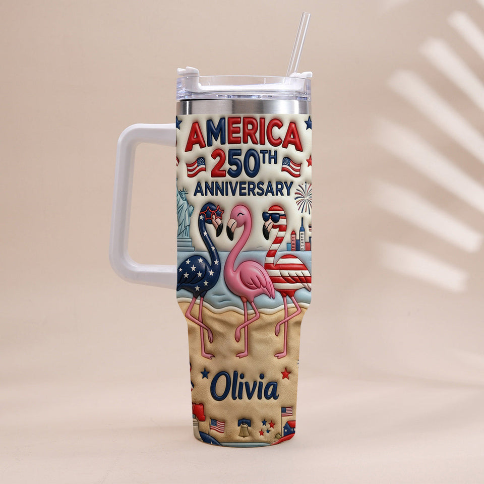 Patriotic Flamingo - Personalized Flamingo Tumbler With Handle