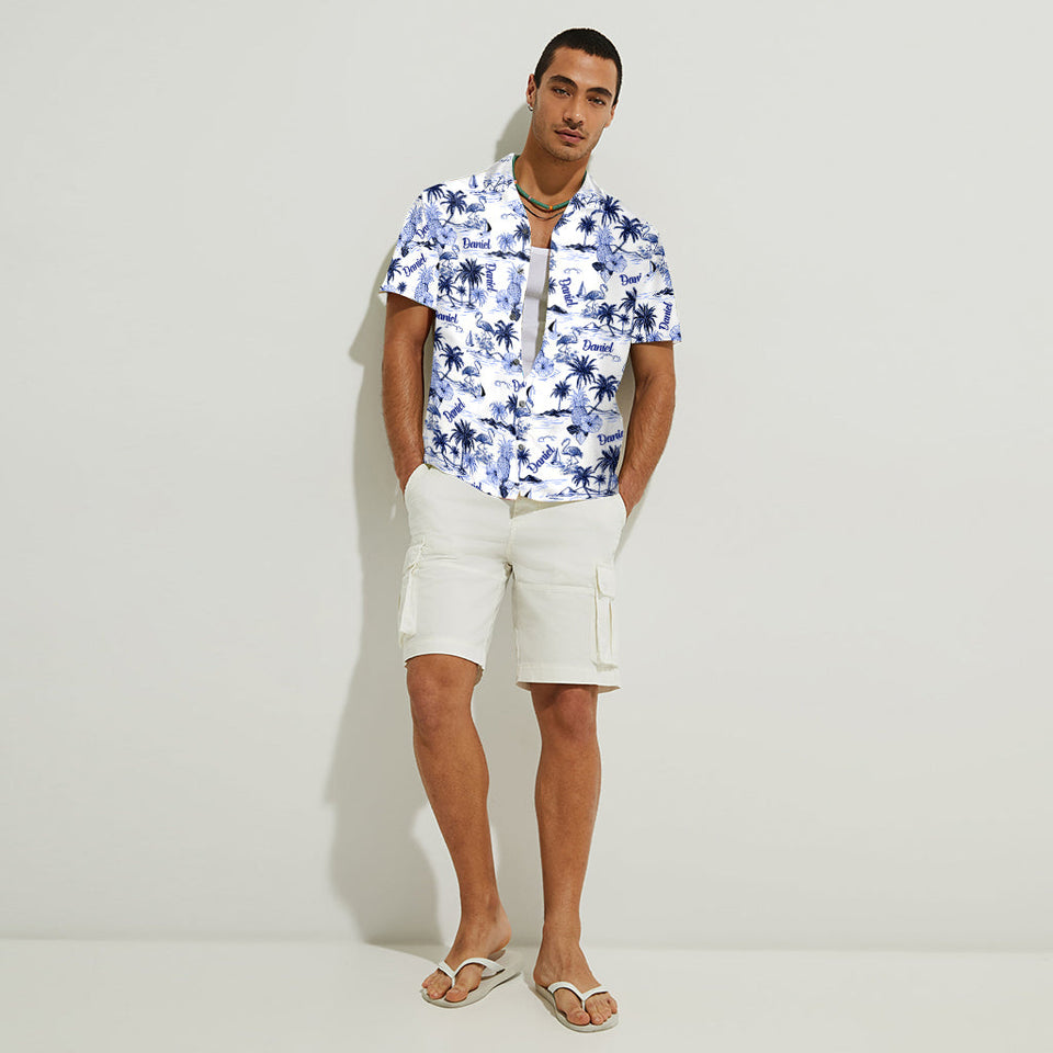 Flamingo Tropical Toile de Jouy Pattern - Personalized Flamingo Hawaiian Shirt