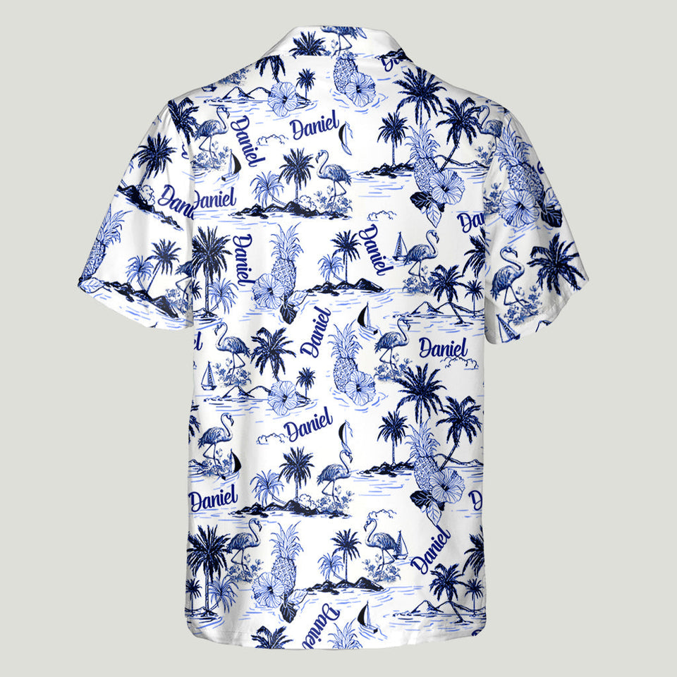 Flamingo Tropical Toile de Jouy Pattern - Personalized Flamingo Hawaiian Shirt