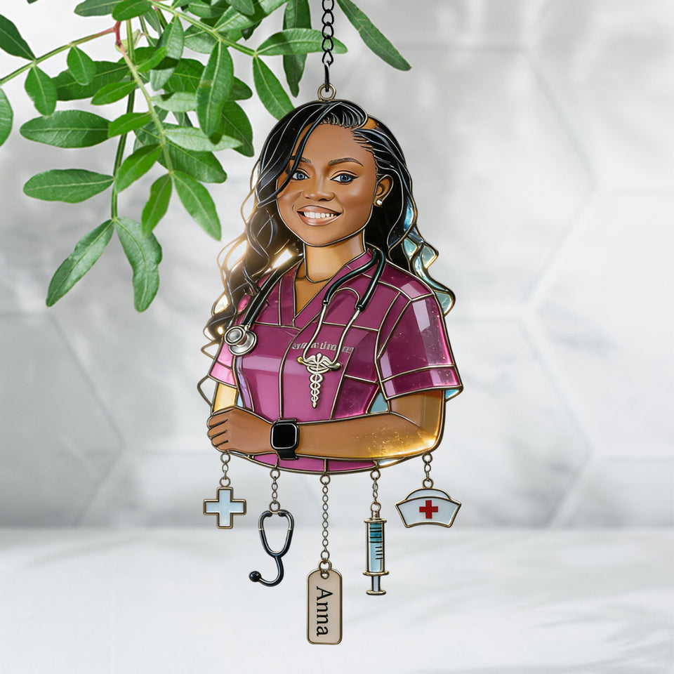 Gift For Nurse - Custom Any Photo - Personalized Nurse Window Hanging Suncatcher With Charms