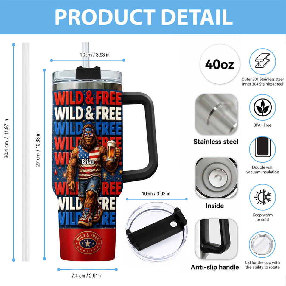 4th of July, Bigfoot Independence Day - Personalized Bigfoot Tumbler With Handle