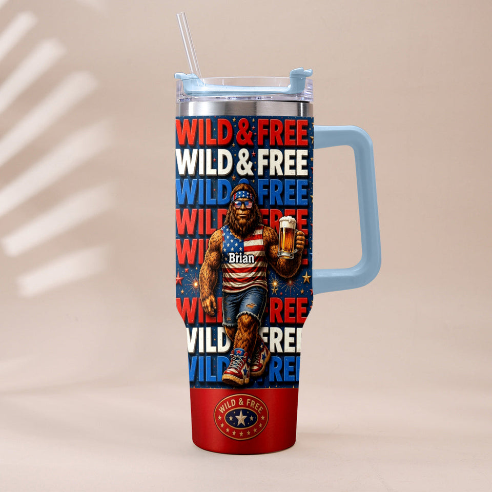 4th of July, Bigfoot Independence Day - Personalized Bigfoot Tumbler With Handle