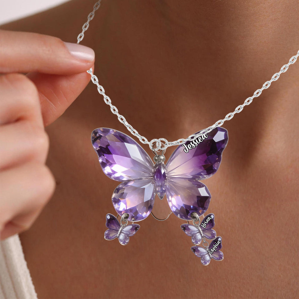 Butterfly Mom - Personalized Mother Shaped Metal Pendant Necklace