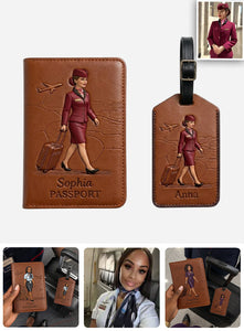 Passport Cover & Luggage Tag For Fly Attendant - Personalized Flight Attendant Passport Holder & Luggage Tag Set