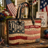 Patriotic Patchwork American Flag - Personalized Grandma Leather Bag