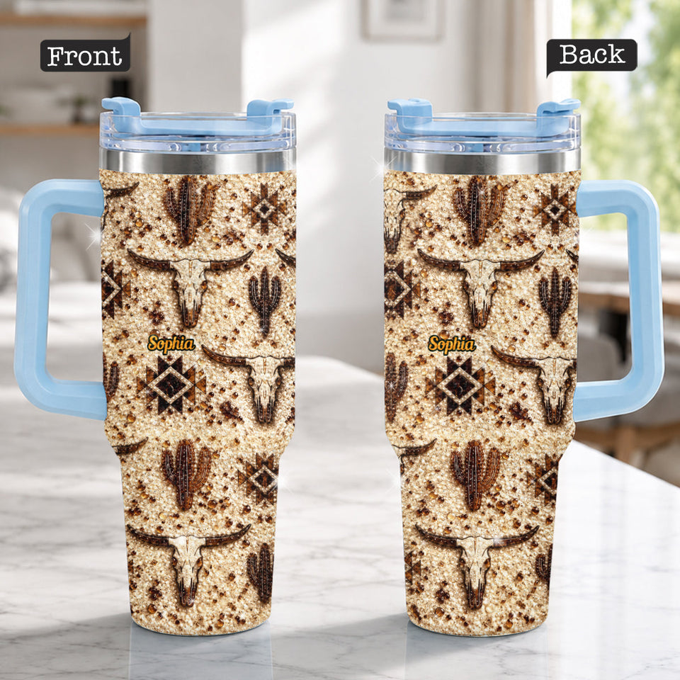 Western Pattern - Personalized Western Outfit Rhinestone Tumbler With Plush Charm
