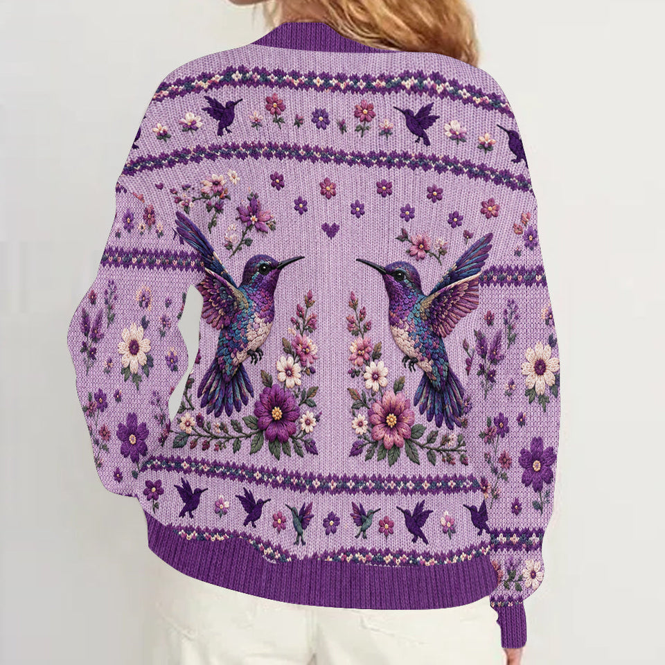 Purple Humming Bird - Personalized Hummingbird Cardigan Sweater