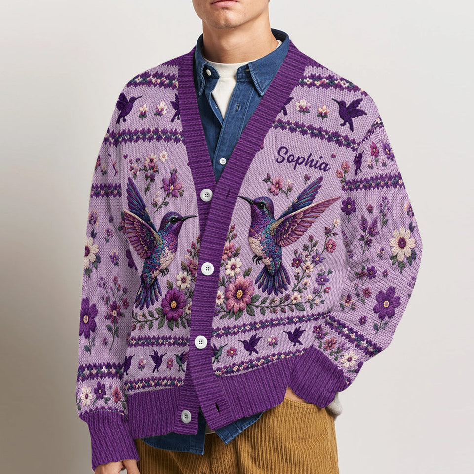Purple Humming Bird - Personalized Hummingbird Cardigan Sweater