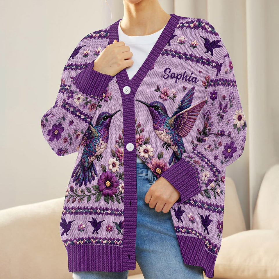 Purple Humming Bird - Personalized Hummingbird Cardigan Sweater
