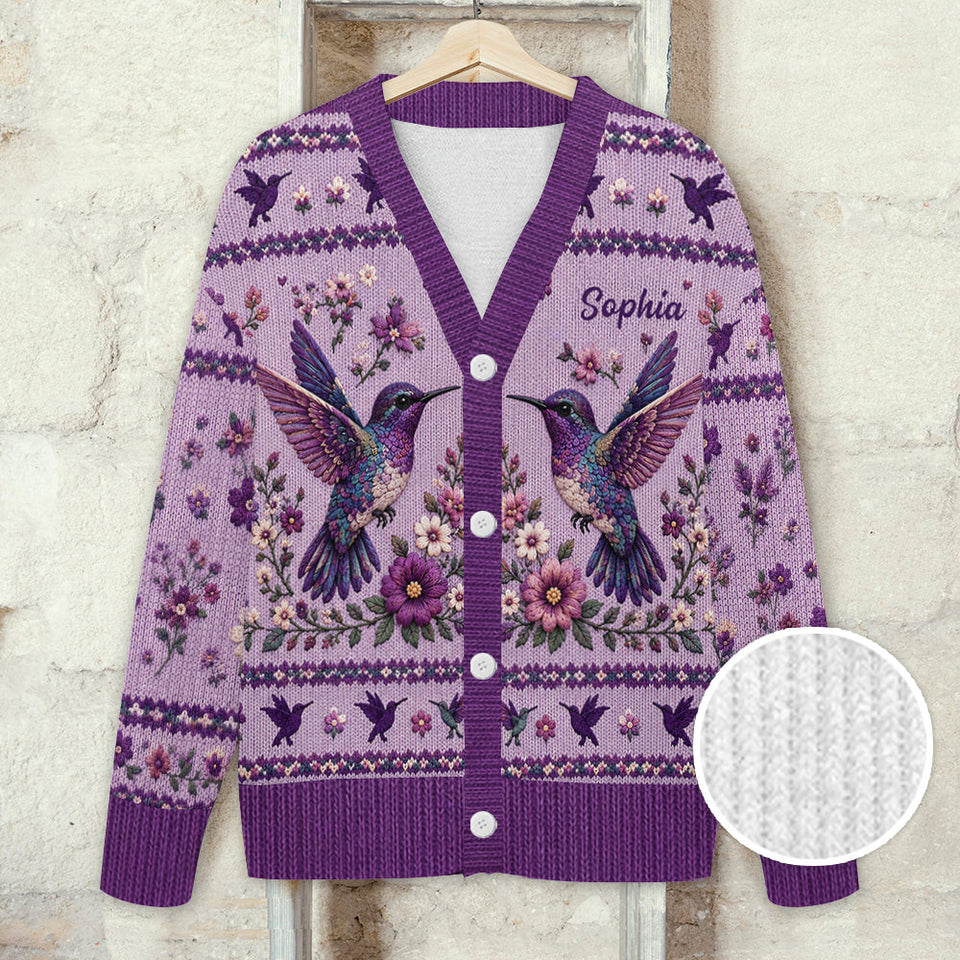Purple Humming Bird - Personalized Hummingbird Cardigan Sweater