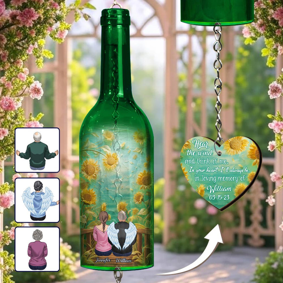 Écoutez le vent et pensez à moi - Carillon éolien personnalisé en forme de bouteille de vin commémorative