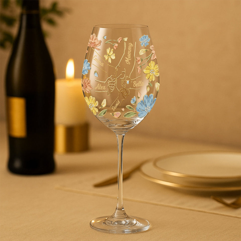 Hand In Hand, The Love Of A Mother And Her Kids - Personalized Mother Wine Glass With Long Stem
