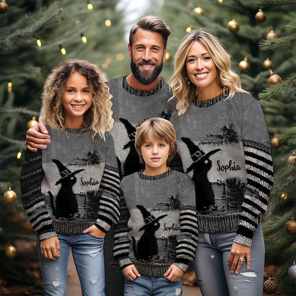 Black Cat With Witch Hat - Personalized Witch Ugly Sweater