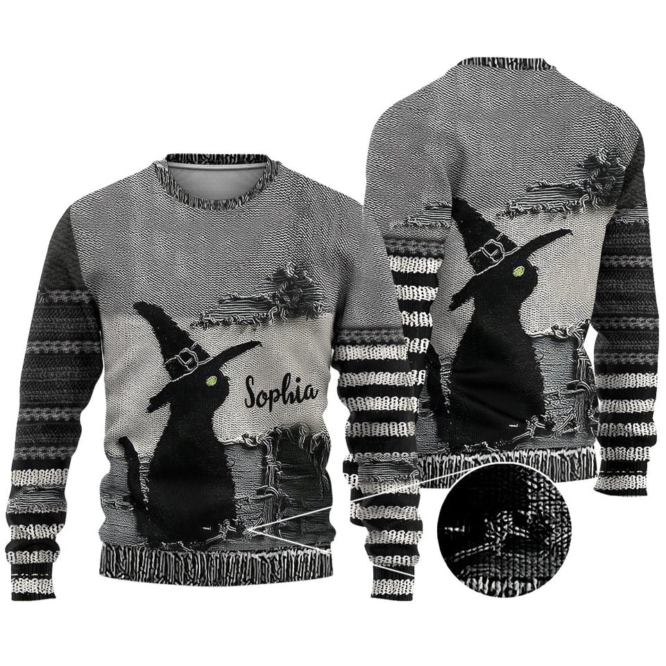 Black Cat With Witch Hat - Personalized Witch Ugly Sweater