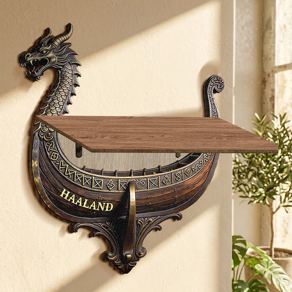Viking Dragon Boat - Personalized Viking Wooden Floating Shelf