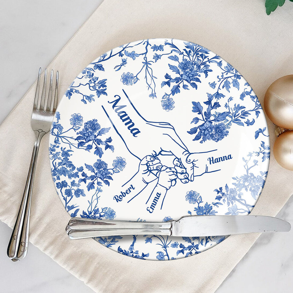 Assiette ronde en céramique personnalisée « Mains de maman et d'enfants » blanche et bleue classique - Assiette ronde personnalisée pour maman