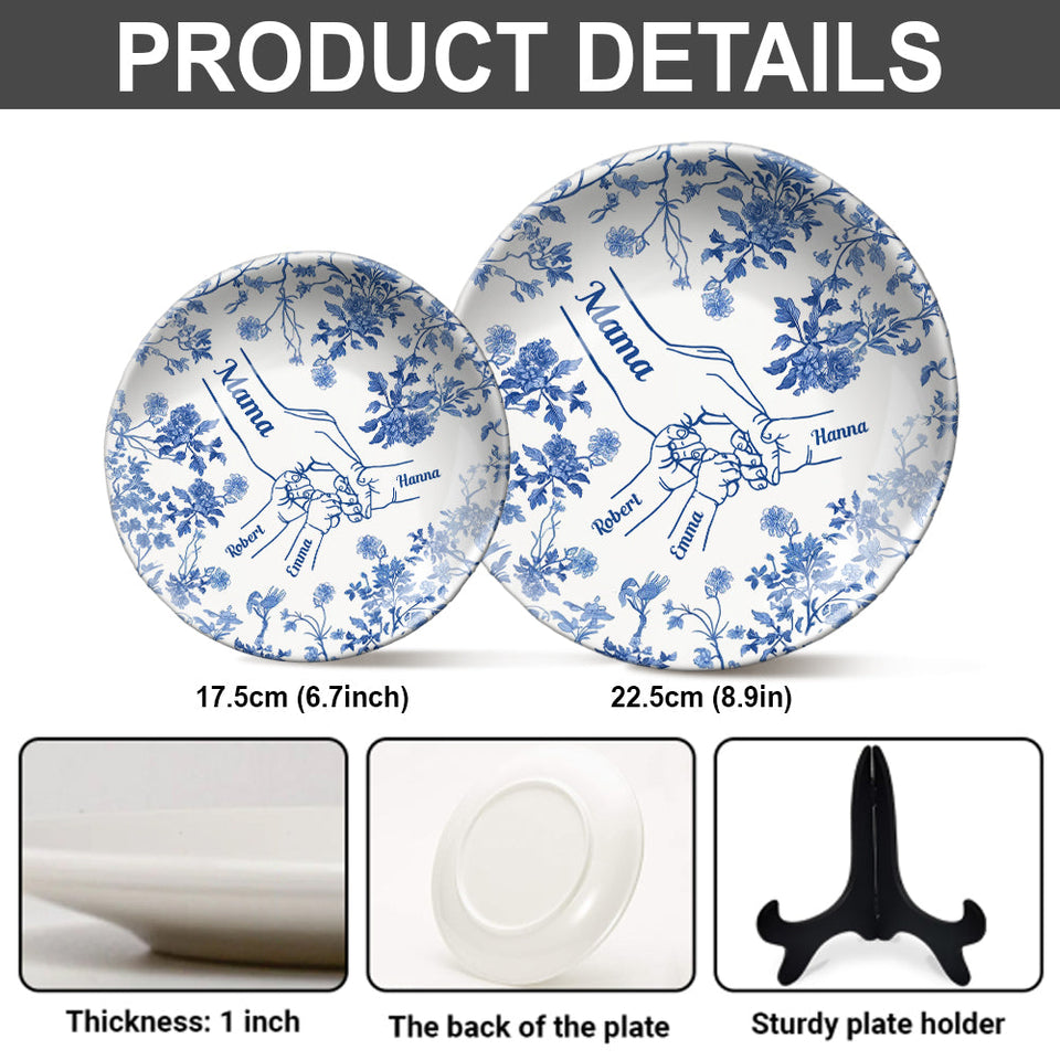 Assiette ronde en céramique personnalisée « Mains de maman et d'enfants » blanche et bleue classique - Assiette ronde personnalisée pour maman
