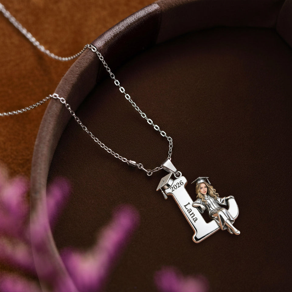 Graduation 2026 Custom Photo With Initials - Personalized Graduation Shaped Metal Pendant Necklace