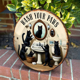 Wash Your Paws - Personalized Black Cat Round Wood Sign