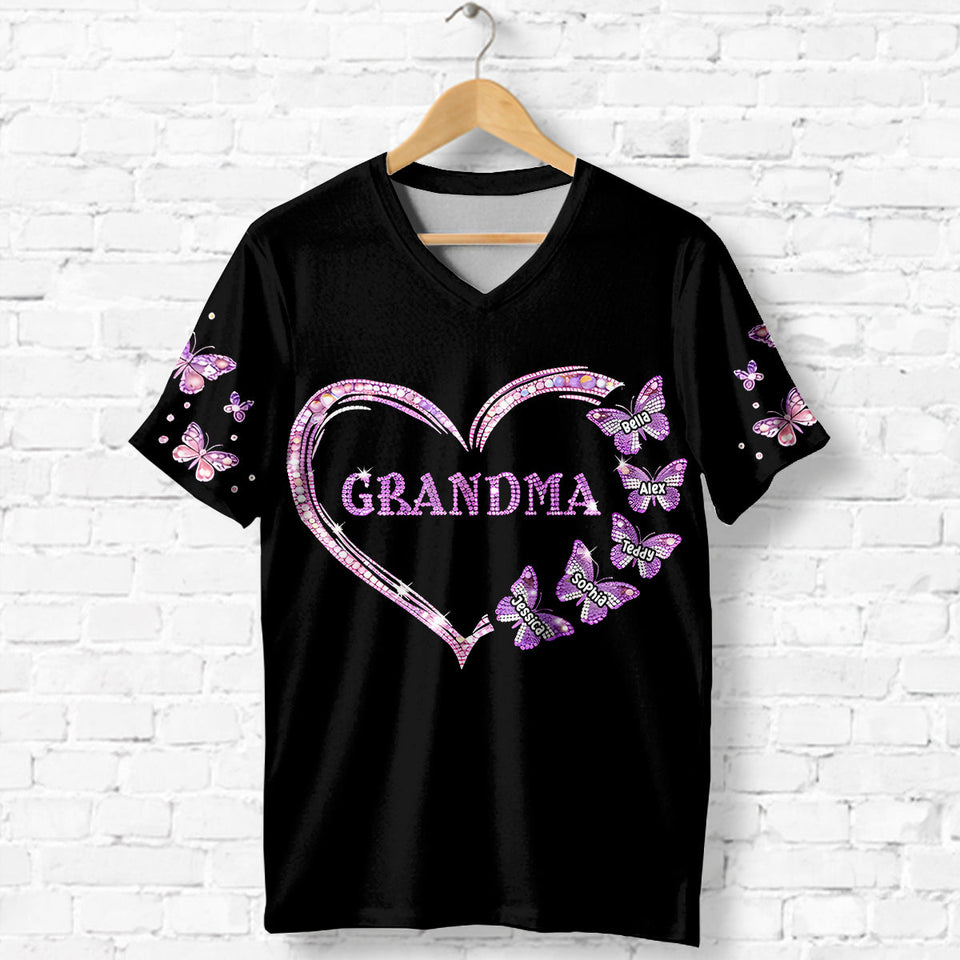 Custom Bling Shirt For Grandma/ Mother - Personalized Grandma Fully Printed V-Neck T-Shirt