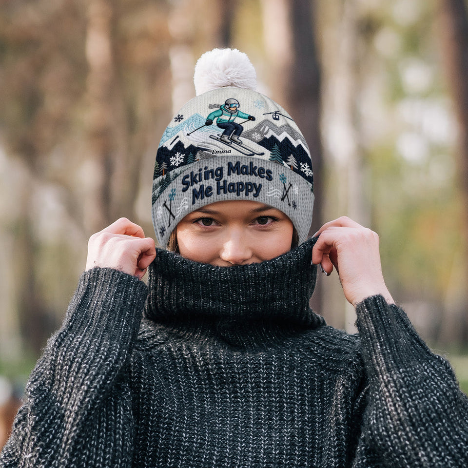 Skiing Makes Me Happy - Personalized Skiing Beanie Hat
