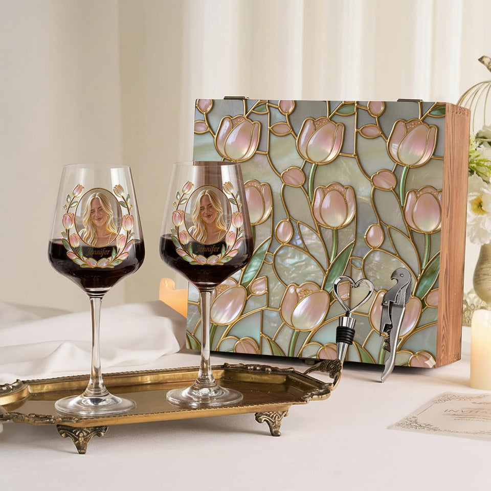 Custom Any Photo Birth Month Flower - Personalized Self Love Wine Glasses Set With Wooden Box