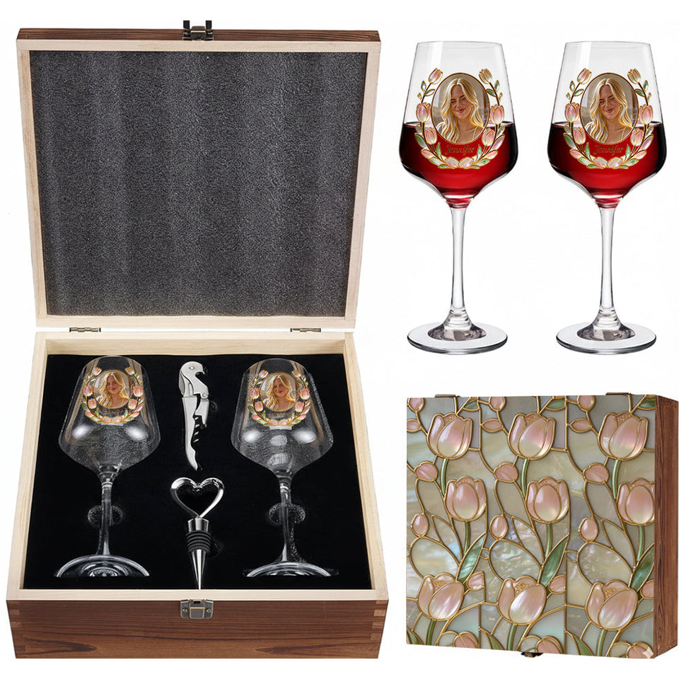 Custom Any Photo Birth Month Flower - Personalized Self Love Wine Glasses Set With Wooden Box