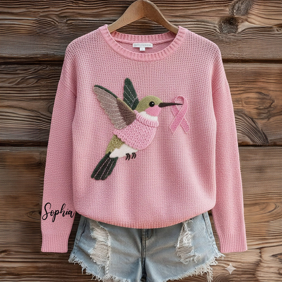 Pull moche rose colibri tricoté - Personnalisé pour la sensibilisation au cancer du sein