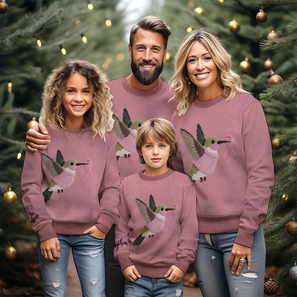 Pull moche rose colibri tricoté - Personnalisé pour la sensibilisation au cancer du sein