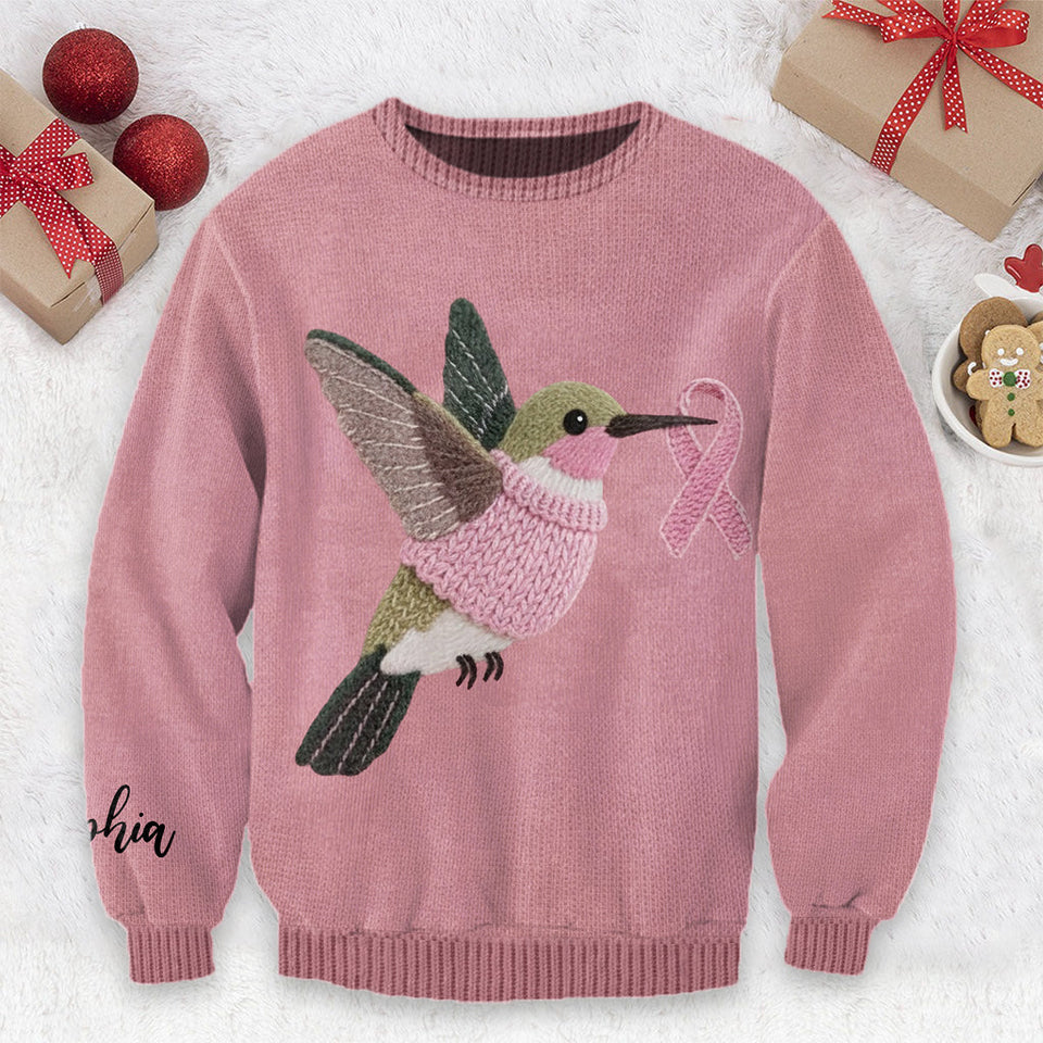 Pull moche rose colibri tricoté - Personnalisé pour la sensibilisation au cancer du sein