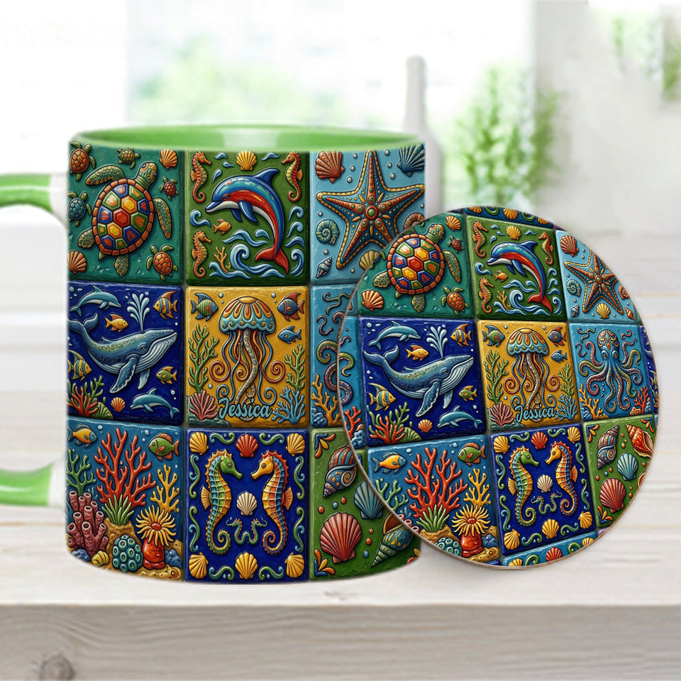 Sea Creatures - Personalized Sea Lover Accent Mug & Coaster