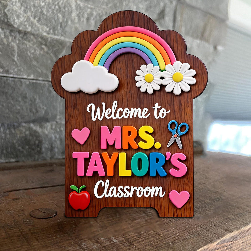Welcome To Teacher's Classroom - Personalized Teacher Custom Shaped Wood Plaque