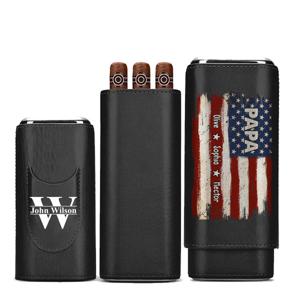 Gift For Dad Grandpa - Proud To Be American Papa - Personalized Father Leather Cigar Humidor Case