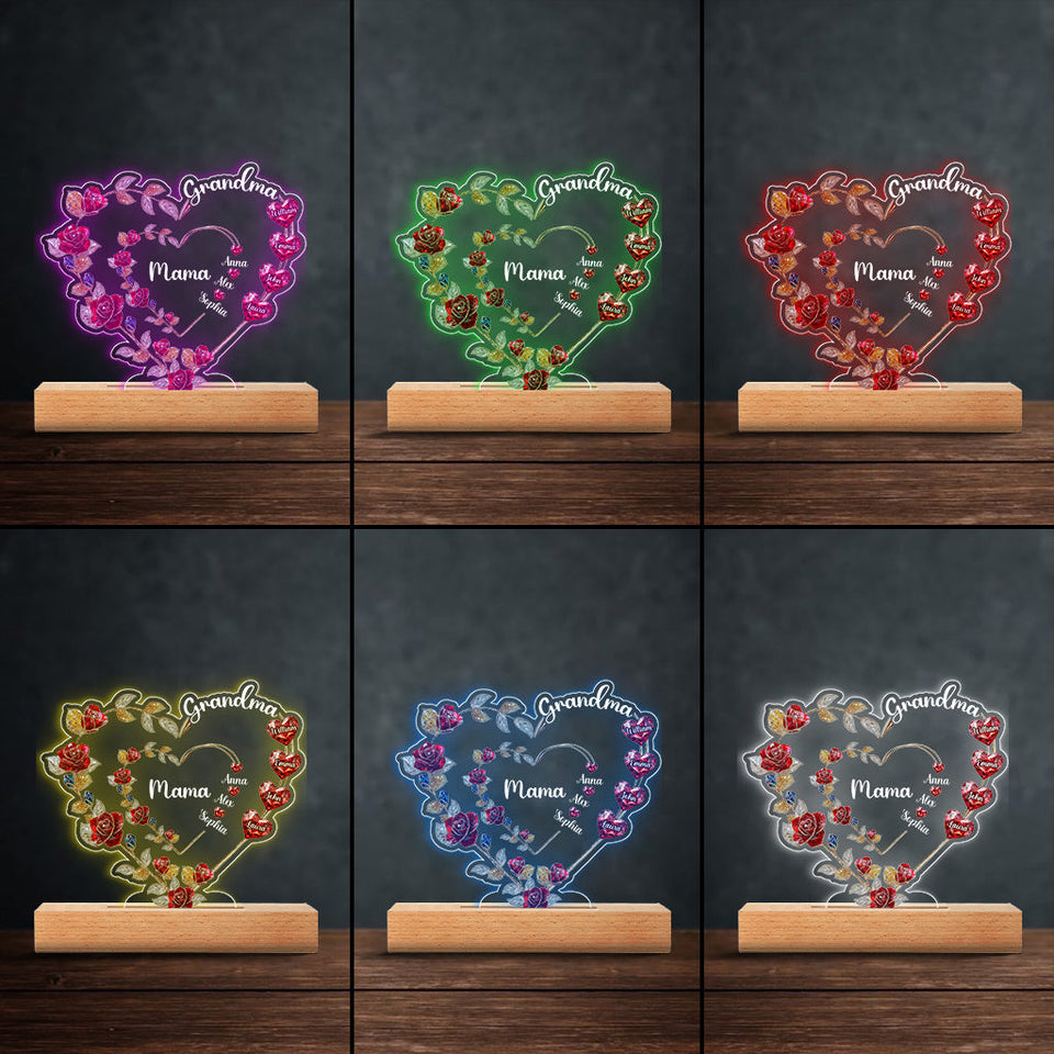 Grandma Mom Floral Heart - Personalized Grandma Shaped Plaque Light Base