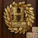 Custom Family Initial Gold Wreath - Personalized Family Cut Metal Sign